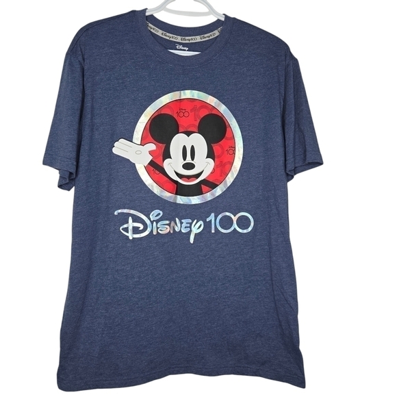 DISNEY Original 100 Years of Wonder Mickey Mouse T Shirt Side Medium Navy Blue - Picture 1 of 3